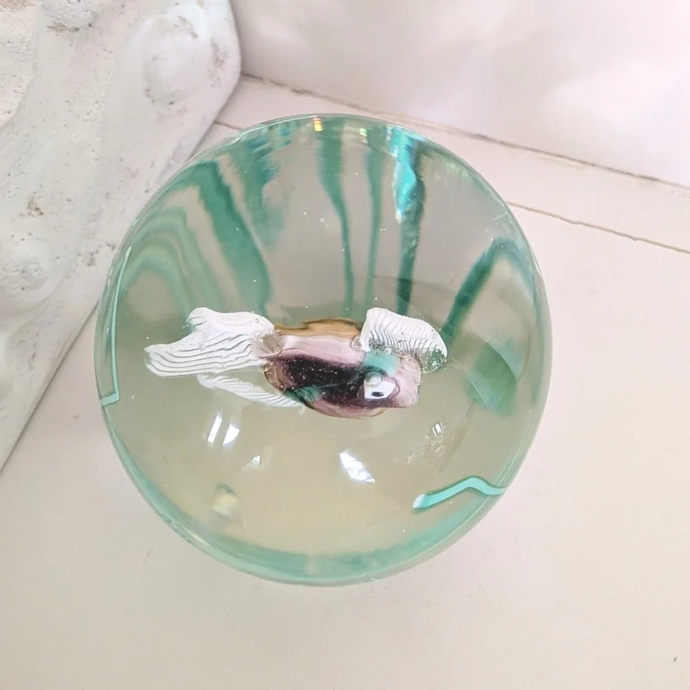 Vtg Fratelli Toso Murano Purple/Yellow Fish Seaweed Paperweight Glass Aquarium - Picture 5 of 9